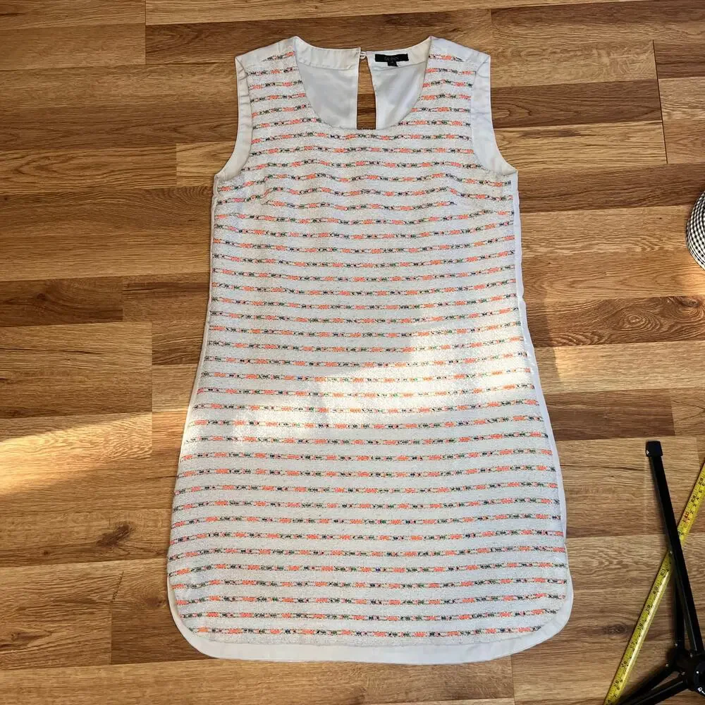Quinn Sz M Tweed Shift Dress White Sleeveless Pastel Coastal Preppy Spring Style